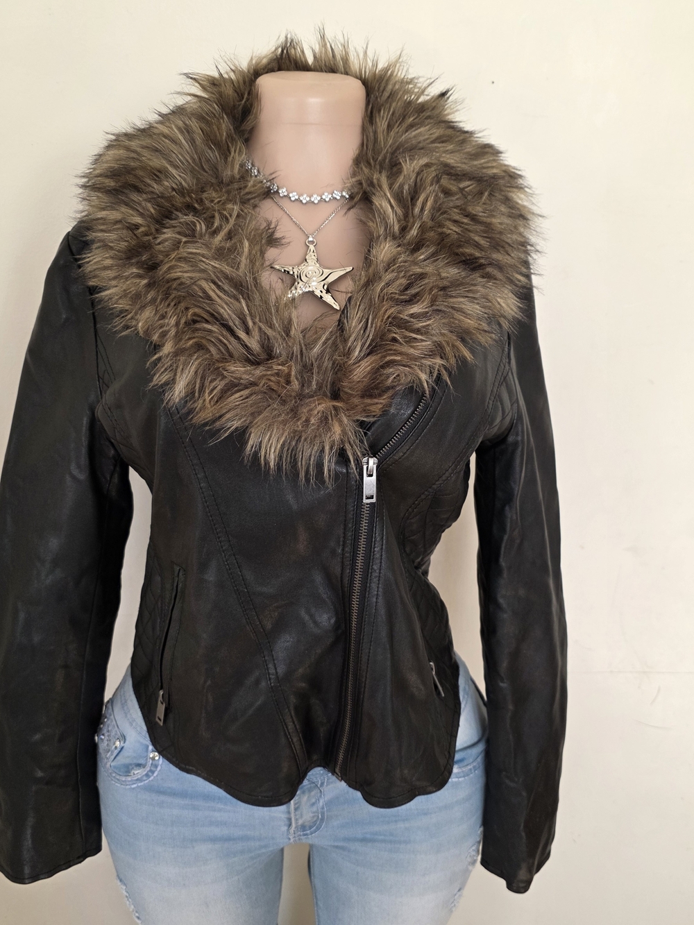 Joe Boxer Black Leather Jacket with Brown Fur Collar